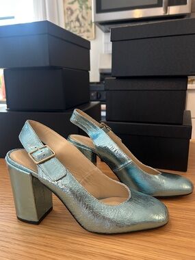 Bimba y Lola Metallic Aqua Slingback Block Heel Pumps Size 39